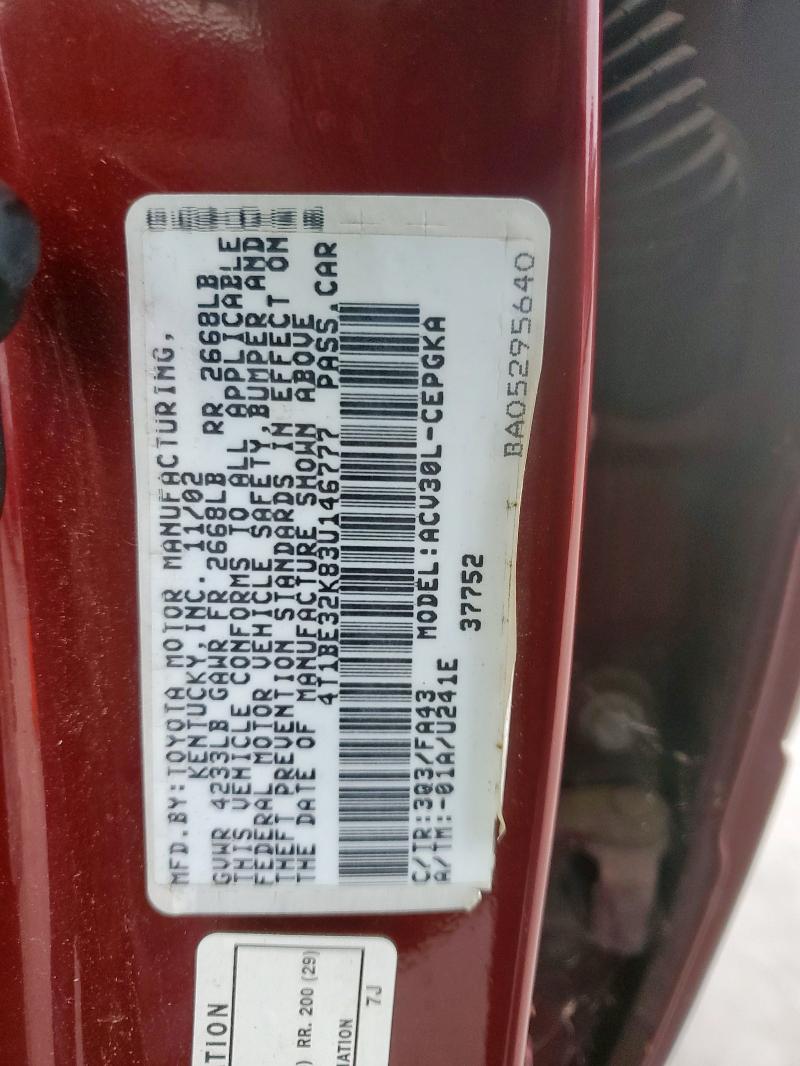 4T1BE32K83U146777 - 2003 TOYOTA CAMRY LE ბურგუნდია ფოტო 12