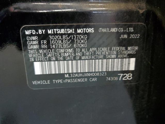 ML32AUHJXNH008323 - 2022 MITSUBISHI MIRAGE ES BLACK photo 12