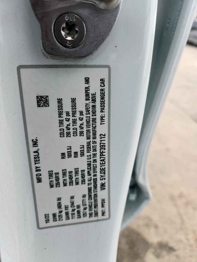 5YJ3E1EA7PF397112 - 2023 TESLA MODEL 3 白色 照片 13