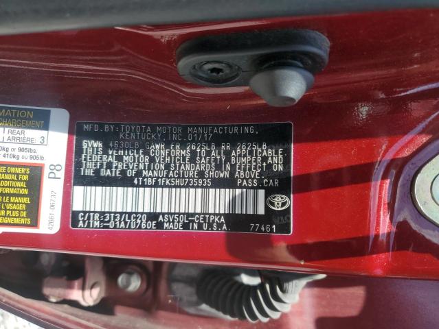 4T1BF1FK5HU735935 - 2017 TOYOTA CAMRY LE RED photo 12