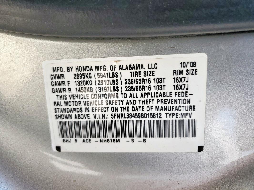 5FNRL38459B015812 - 2009 HONDA ODYSSEY EX SILVER photo 13