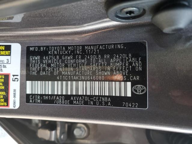 4T1C11AK3NU646080 - 2022 TOYOTA CAMRY LE 灰色 照片 12