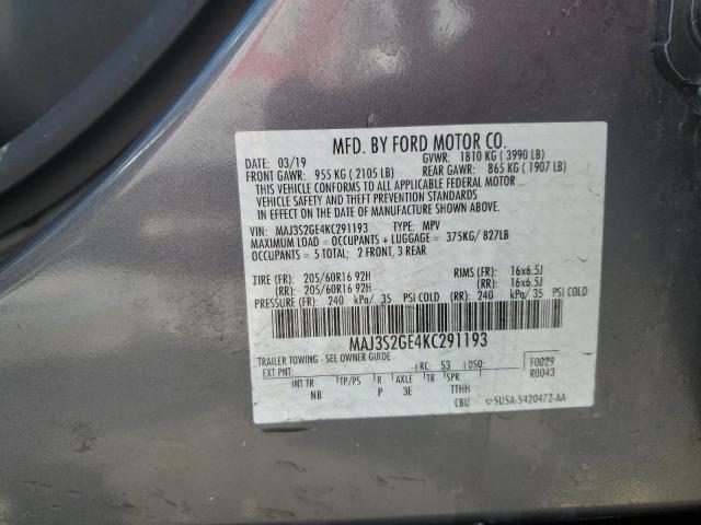 MAJ3S2GE4KC291193 - 2019 FORD ECOSPORT SE GRAY photo 12