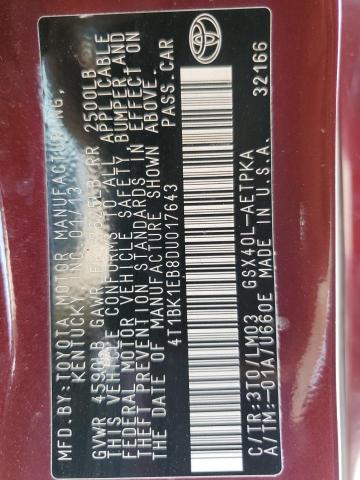 4T1BK1EB8DU017643 - 2013 TOYOTA AVALON BASE 栗色 照片 12