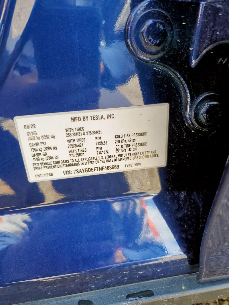 7SAYGDEF7NF463669 - 2022 TESLA MODEL Y Bleu photo 13