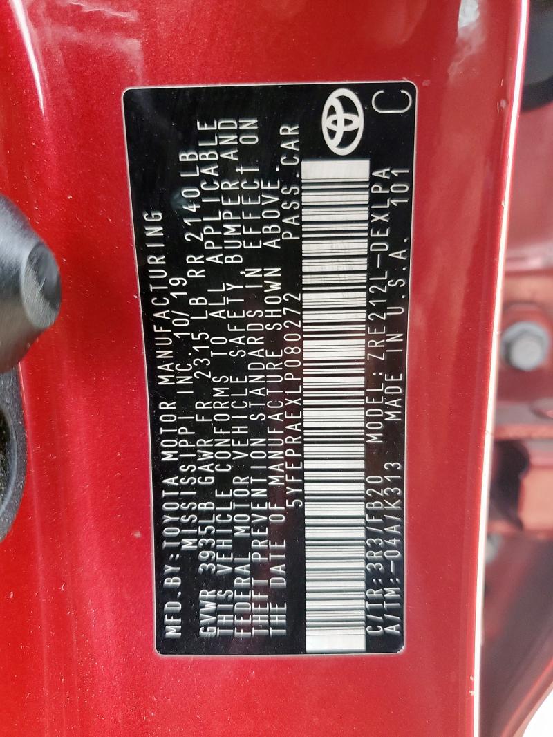 5YFEPRAEXLP080272 - 2020 TOYOTA COROLLA LE წითელი ფოტო 12