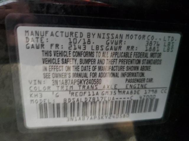 3N1AB7AP5KY240580 - 2019 NISSAN SENTRA S 黑色 照片 12