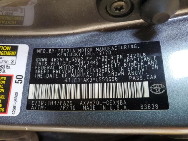 4T1C31AK3MU553696 - 2021 TOYOTA CAMRY LE GRAY photo 13