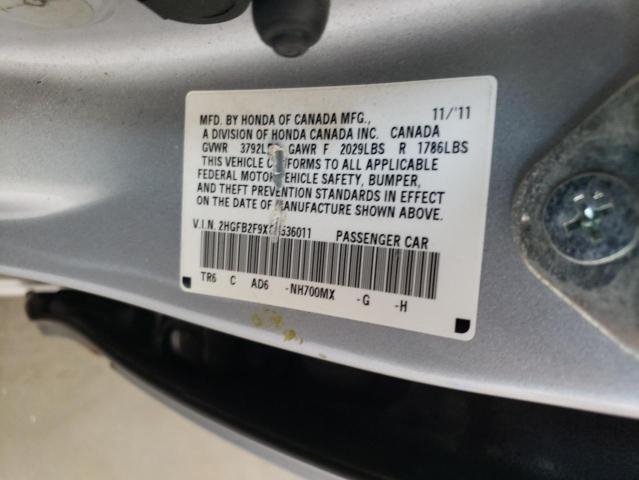 2HGFB2F9XCH536011 - 2012 HONDA CIVIC EXL ვერცხლისფერი ფოტო 12