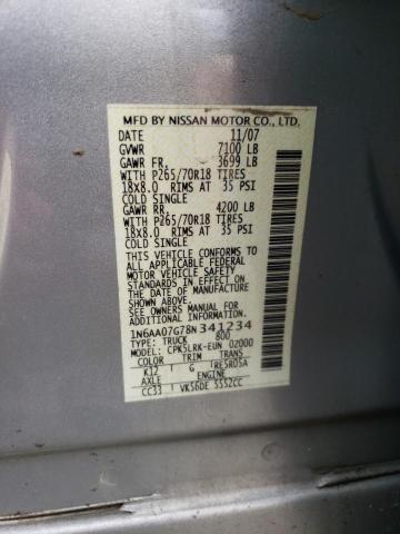 1N6AA07G78N341234 - 2008 NISSAN TITAN XE SILVER photo 12