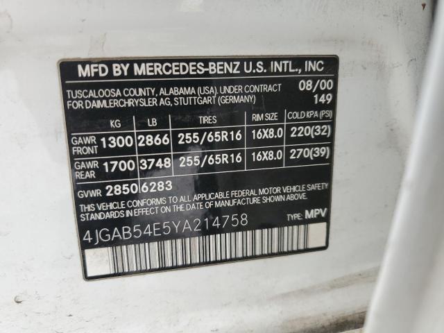 4JGAB54E5YA214758 - 2000 MERCEDES-BENZ M-CLASS 320 WHITE photo 13