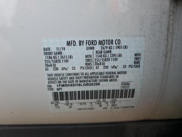 1FMSK8DH9LGB26298 - 2020 FORD EXPLORER XLT WHITE photo 13