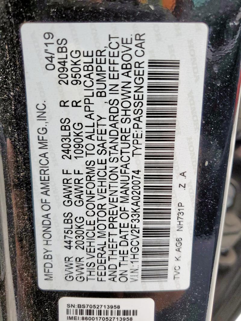 1HGCV2F33KA020074 - 2019 HONDA ACCORD SPORT Negro foto 13