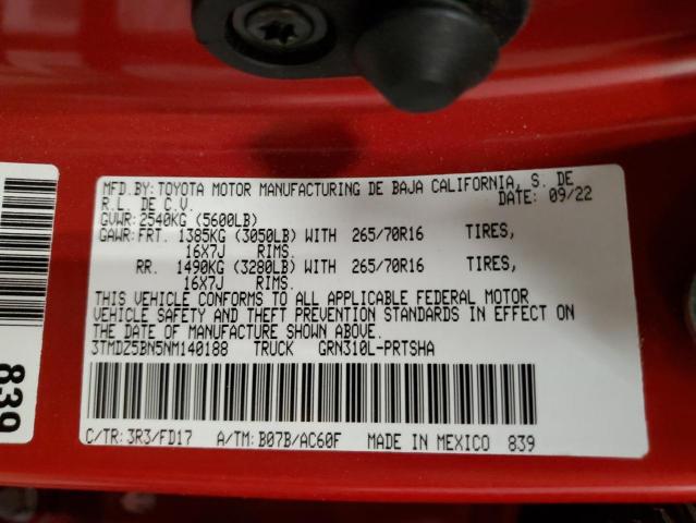3TMDZ5BN5NM140188 - 2022 TOYOTA TACOMA DOUBLE CAB 红色 照片 13