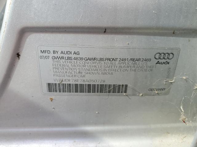 WAUDF78E78A050728 - 2008 AUDI A4 2.0T QUATTRO SILVER photo 12