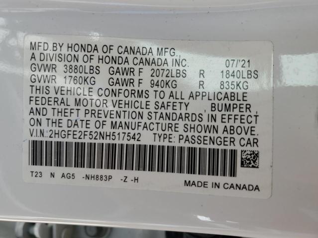 2HGFE2F52NH517542 - 2022 HONDA CIVIC SPORT 白色 照片 12