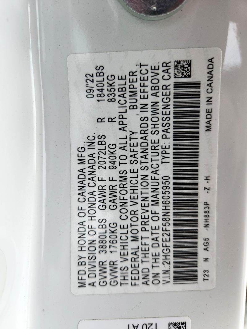 2HGFE2F58NH605950 - 2022 HONDA CIVIC SPORT 白色 照片 13