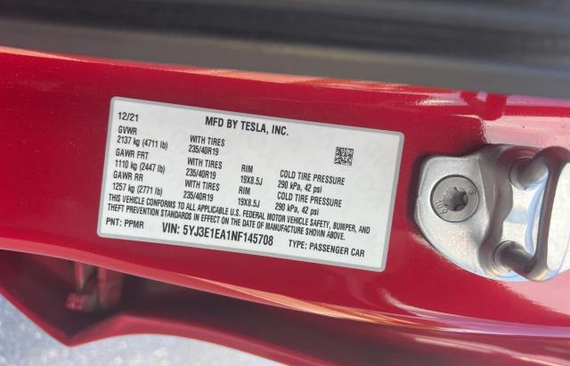 5YJ3E1EA1NF145708 - 2022 TESLA MODEL 3 RED photo 10