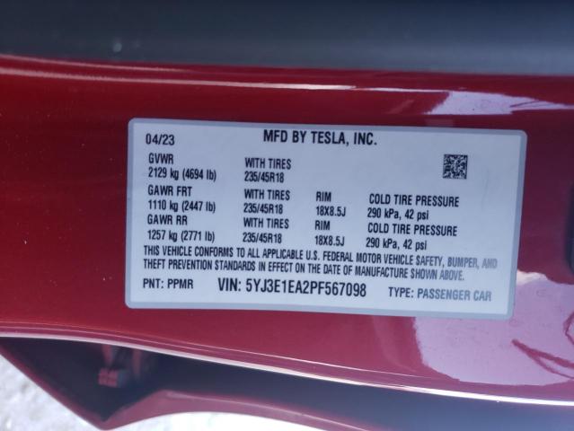 5YJ3E1EA2PF567098 - 2023 TESLA MODEL 3 RED photo 12