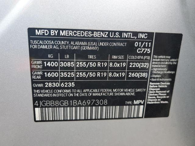 4JGBB8GB1BA697308 - 2011 MERCEDES-BENZ ML 350 4MATIC SILVER photo 12