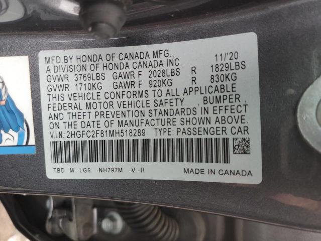 2HGFC2F81MH518289 - 2021 HONDA CIVIC SPORT GRAY photo 12