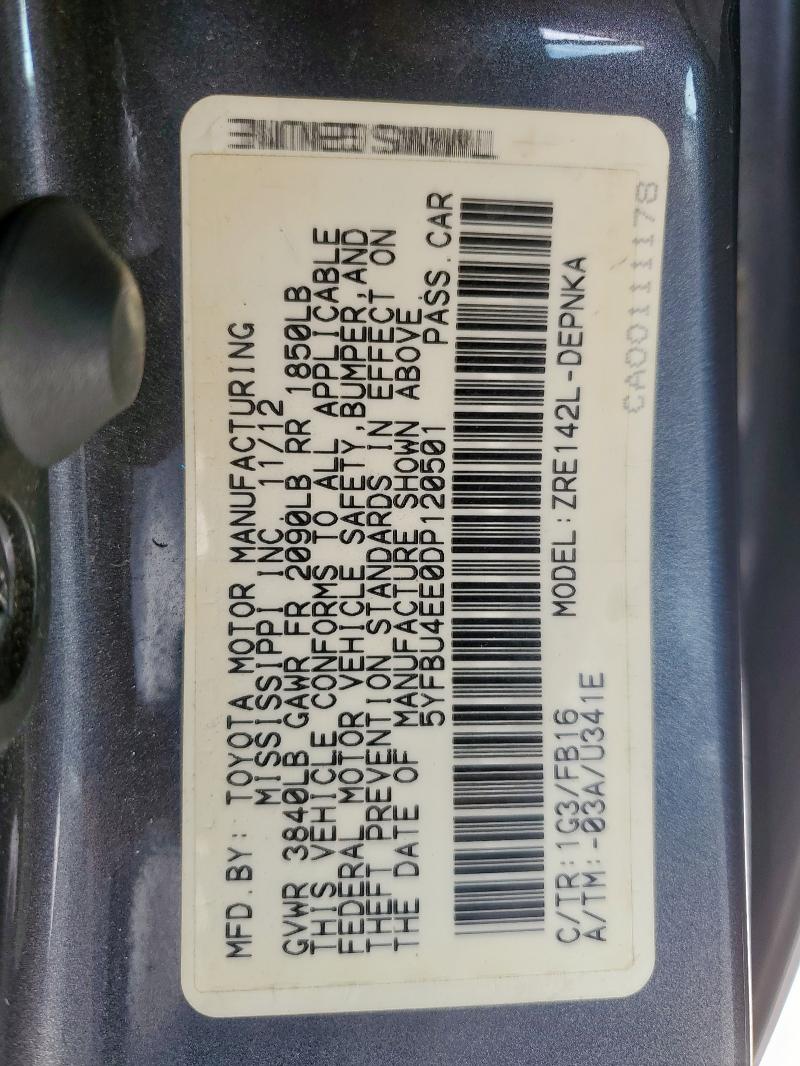 5YFBU4EE0DP120501 - 2013 TOYOTA COROLLA LE BASE GRAY photo 13