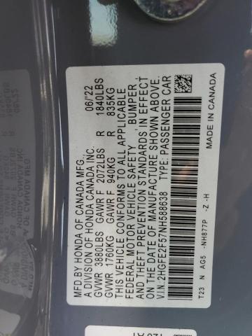 2HGFE2F57NH588638 - 2022 HONDA CIVIC SPORT 蓝色 照片 12