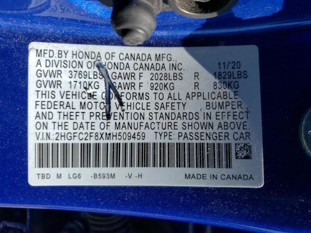 2HGFC2F8XMH509459 - 2021 HONDA CIVIC SPORT Mavi foto 12
