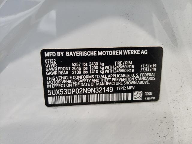 5UX53DP02N9N32149 - 2022 BMW X3 XDRIVE30I WHITE photo 13