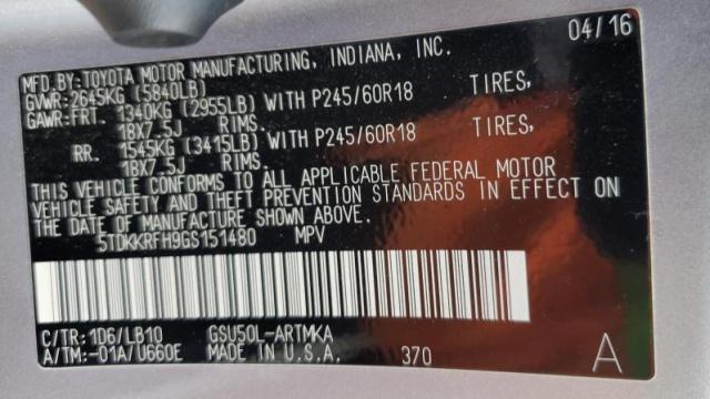 5TDKKRFH9GS151480 - 2016 TOYOTA HIGHLANDER XLE SILVER photo 14