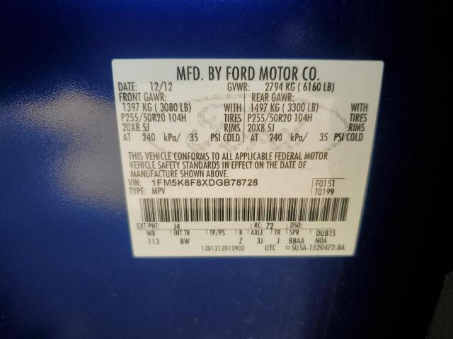 1FM5K8F8XDGB78728 - 2013 FORD EXPLORER LIMITED BLUE photo 12