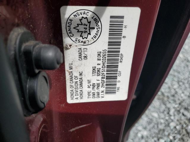 2HGFB2F51DH032655 - 2013 HONDA CIVIC LX BURGUNDY photo 13