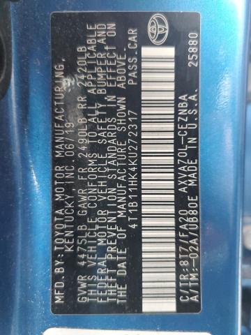 4T1B11HK4KU272317 - 2019 TOYOTA CAMRY L BLUE photo 12