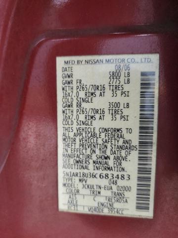 5N1AR18U36C683483 - 2006 NISSAN PATHFINDER LE 勃艮第红 照片 13