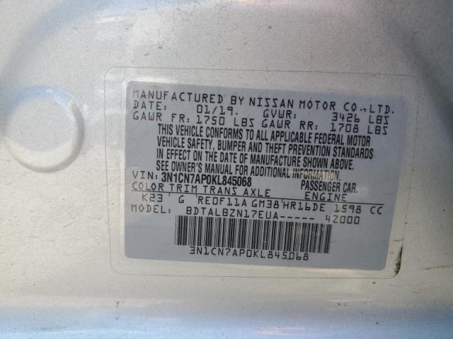 3N1CN7AP0KL845068 - 2019 NISSAN VERSA S Argent photo 12