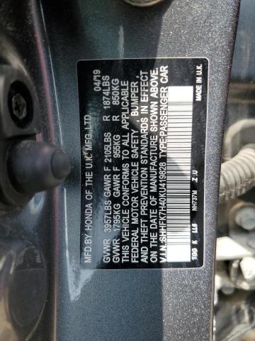 SHHFK7H40KU419828 - 2019 HONDA CIVIC SPORT ნაცრისფერი ფოტო 12