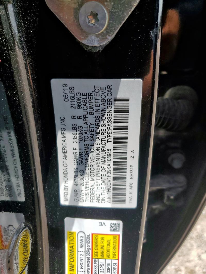 1HGCV1F39KA108945 - 2019 HONDA ACCORD SPORT 黑色 照片 12