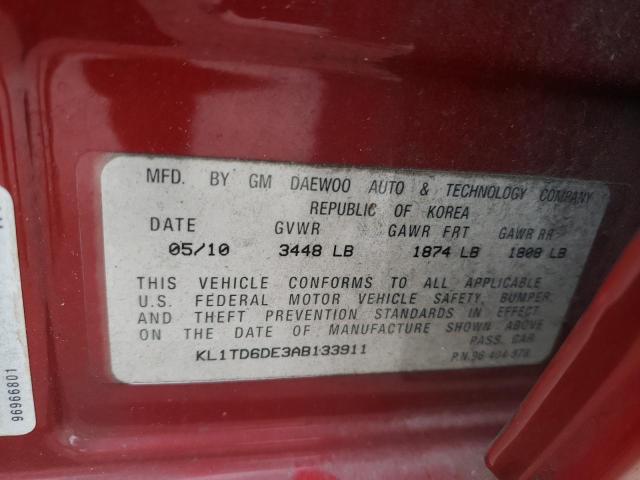 KL1TD6DE3AB133911 - 2010 CHEVROLET AVEO LS წითელი ფოტო 12