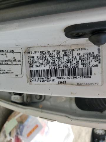 4T1BE30K73U201836 - 2003 TOYOTA CAMRY LE WHITE photo 12