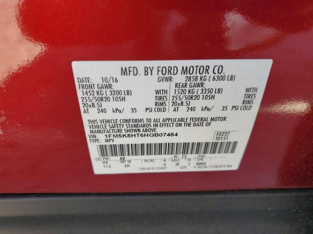 1FM5K8HT6HGB07484 - 2017 FORD EXPLORER PLATINUM RED photo 13