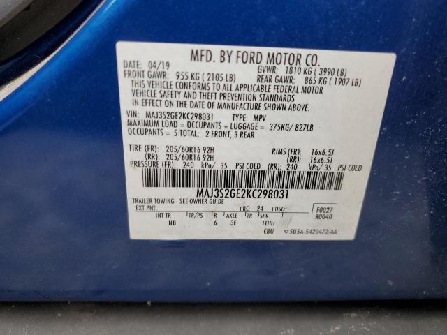 MAJ3S2GE2KC298031 - 2019 FORD ECOSPORT SE BLUE photo 10