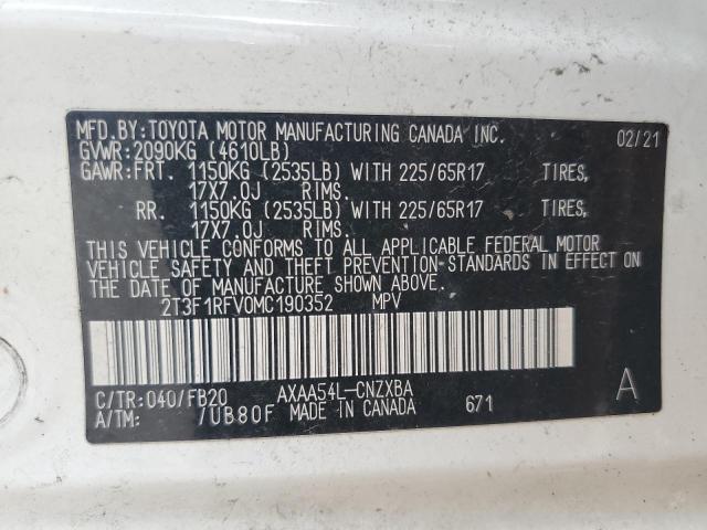 2T3F1RFV0MC190352 - 2021 TOYOTA RAV4 LE WHITE photo 13