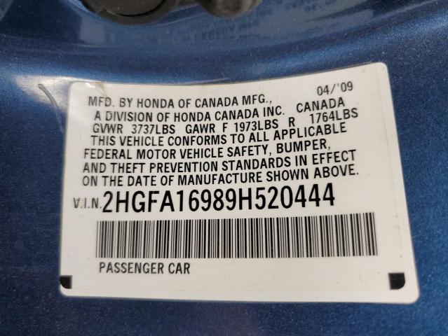 2HGFA16989H520444 - 2009 HONDA CIVIC EXL BLUE photo 12