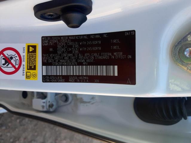 5TDKZRFH9KS563676 - 2019 TOYOTA HIGHLANDER SE WHITE photo 10