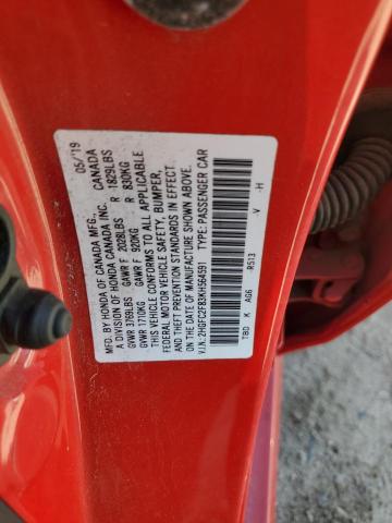 2HGFC2F83KH564591 - 2019 HONDA CIVIC SPORT RED photo 12