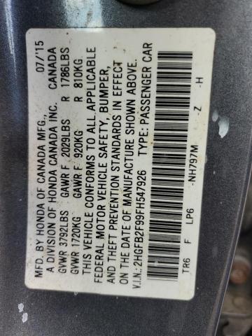 2HGFB2F99FH547926 - 2015 HONDA CIVIC EXL GRAY photo 13