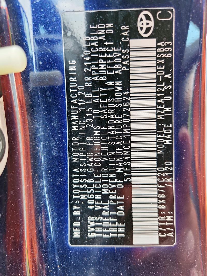 5YFS4MCE1MP072624 - 2021 TOYOTA COROLLA SE Синій фото 13