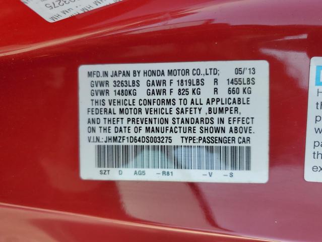 JHMZF1D64DS003275 - 2013 HONDA CR-Z EX RED photo 12