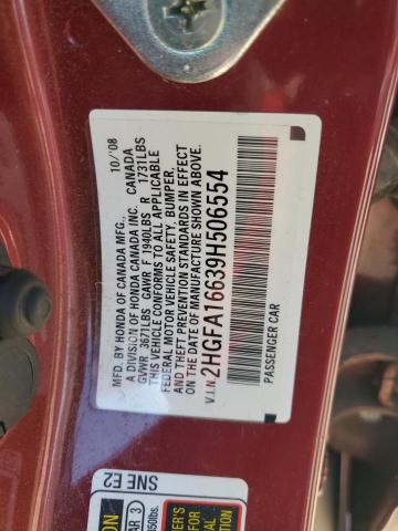 2HGFA16639H506554 - 2009 HONDA CIVIC LX-S Rot Foto 13