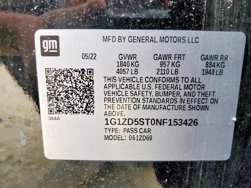 1G1ZD5ST0NF153426 - 2022 CHEVROLET MALIBU LT BLACK photo 12